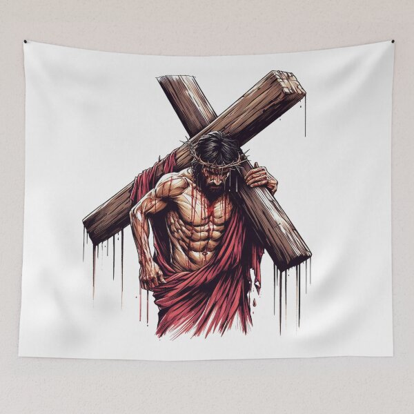 Item preview, "Jesus, bearing a large and heavy cross on his shoulders, is depicted with a weary countenance, struggling under the weight. designed and sold by PaintMeWorld.