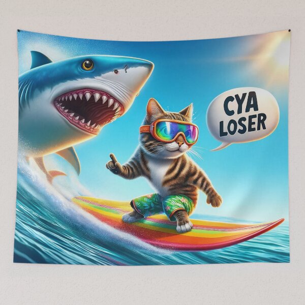 Item preview, Surfer riding wave, speech bubble says “CYA LOSER”. designed and sold by ArtComixHaven.