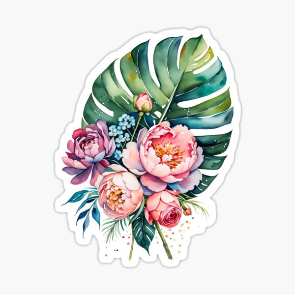 Item preview, Beautiful Flower and Plant in Loose Watercolor Painting - Monstera Leaves. Peach Peony and Rose Flowers designed and sold by MyArt23.