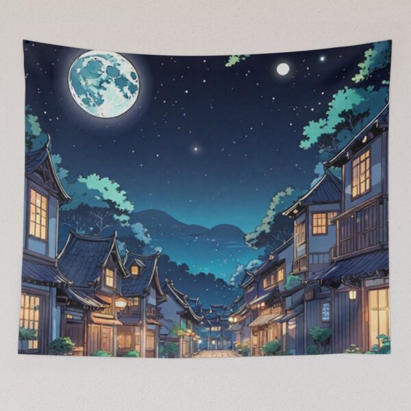 Item preview, A view of a small town at night with the full moon in cartoon form designed and sold by relaxbito.