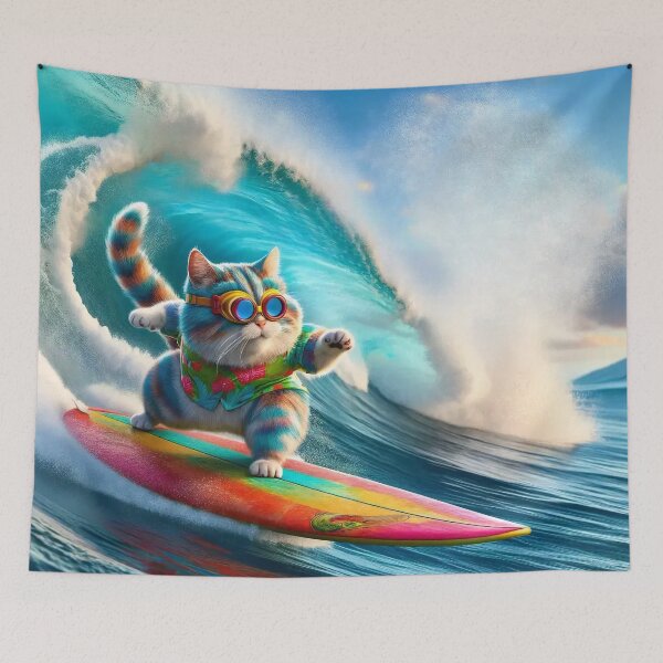 Item preview, Cat surfs wave designed and sold by ArtComixHaven.