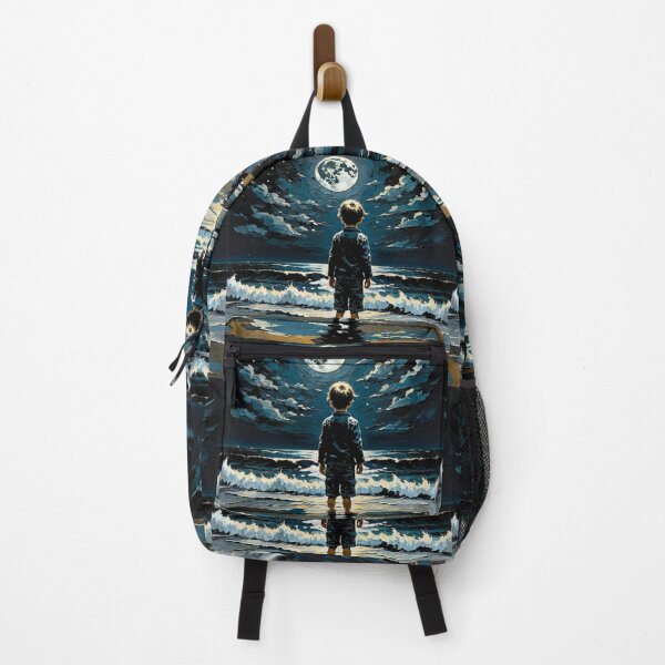Item preview, A child standing at the sea in black with the moon full art designed and sold by ARTofBito.
