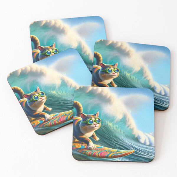 Item preview, Colourful cat surfs giant wave, wearing green sunglasses. designed and sold by ArtComixHaven.