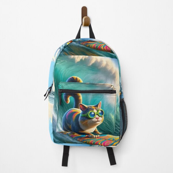 Item preview, Colourful cat surfs giant wave, wearing green sunglasses. designed and sold by ArtComixHaven.