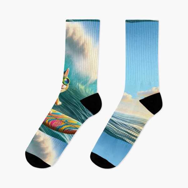 Item preview, Colourful cat surfs giant wave, wearing green sunglasses. designed and sold by ArtComixHaven.