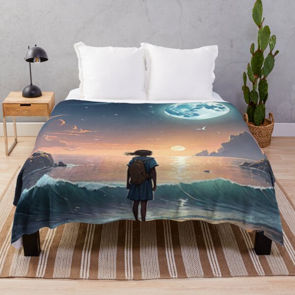 Item preview, A little girl in front of the sea and the mountains with the moon designed and sold by relaxbito.