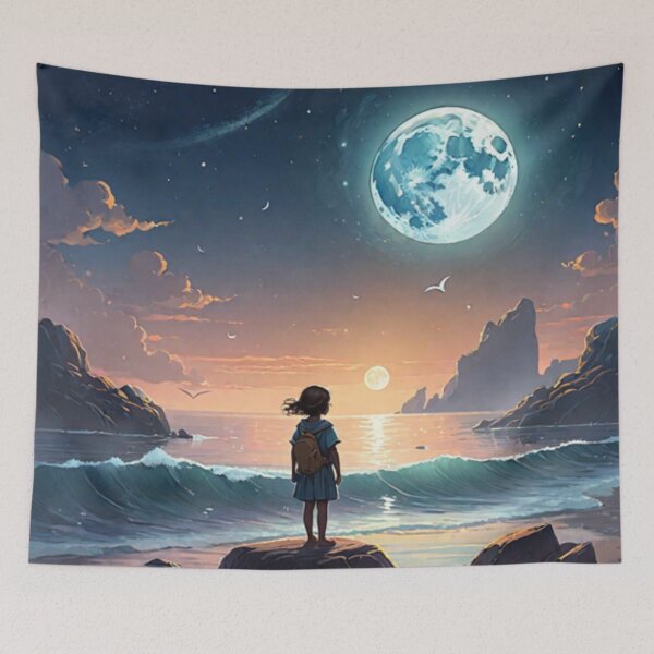 Item preview, A little girl in front of the sea and the mountains with the moon designed and sold by relaxbito.