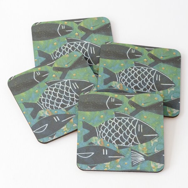 Item preview, Many Fish Art Card Hand Stamped Teal Green Gold Black and White designed and sold by Sheree Burlington.