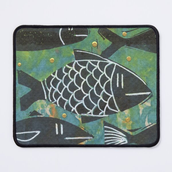 Item preview, Many Fish Art Card Hand Stamped Teal Green Gold Black and White designed and sold by Sheree Burlington.