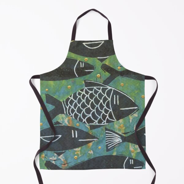 Item preview, Many Fish Art Card Hand Stamped Teal Green Gold Black and White designed and sold by Sheree Burlington.