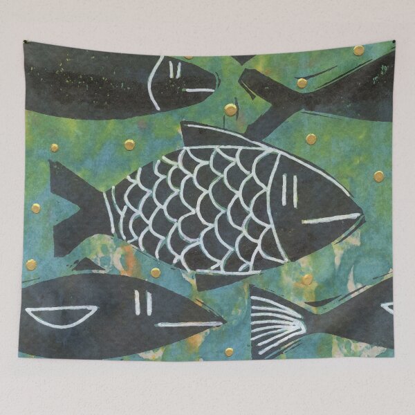 Item preview, Many Fish Art Card Hand Stamped Teal Green Gold Black and White designed and sold by Sheree Burlington.