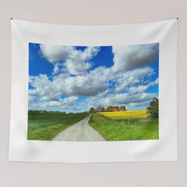 Item preview, Country lane leading to a manor with a yellow canola field under a blue sky  designed and sold by Michael Brewer.