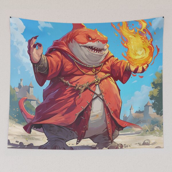 Item preview, Fat Angry Shark Mage casting fire spell in fantasy land designed and sold by EpicFantasy.