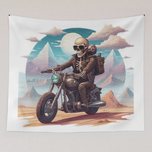 Item preview, skeleton with sunglasses riding a motorcycle in the desert designed and sold by jnsmerchstore.
