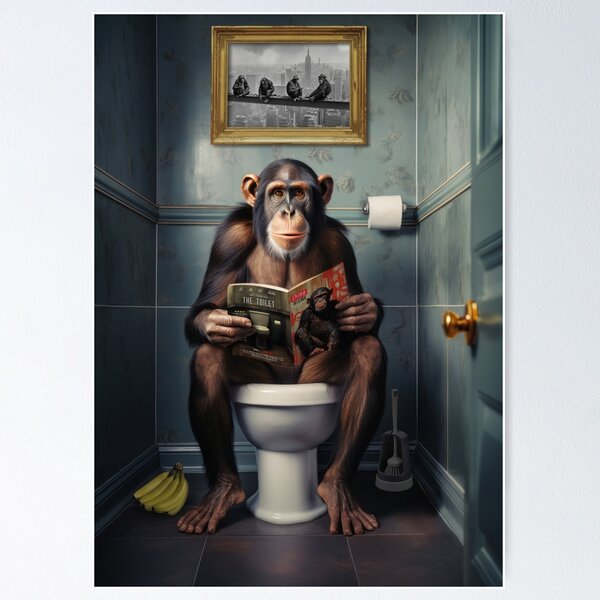Item preview, Chimpanzee on the Toilet Funny Chimp Bathroom Art designed and sold by Craig Doogan Prints.