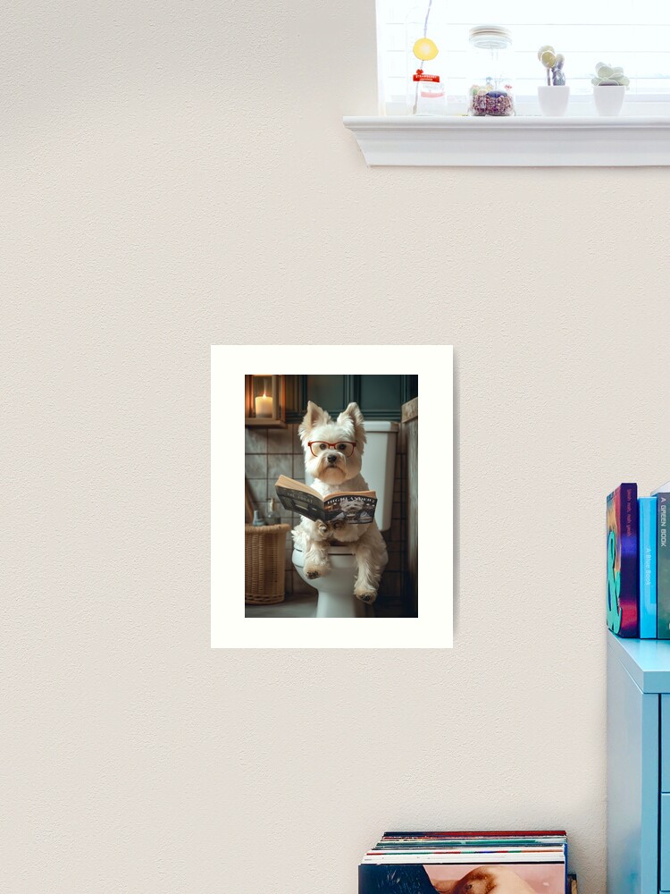 Thumbnail 2 of 3, Art Print, West Highland Terrier on the Toilet Funny Bathroom Westie Dog Art designed and sold by Funkmasterd.