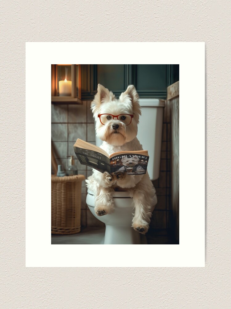 Thumbnail 1 of 3, Art Print, West Highland Terrier on the Toilet Funny Bathroom Westie Dog Art designed and sold by Funkmasterd.