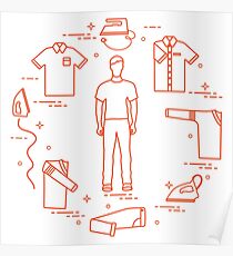 Silhouette of a man, irons and different clothes. Poster