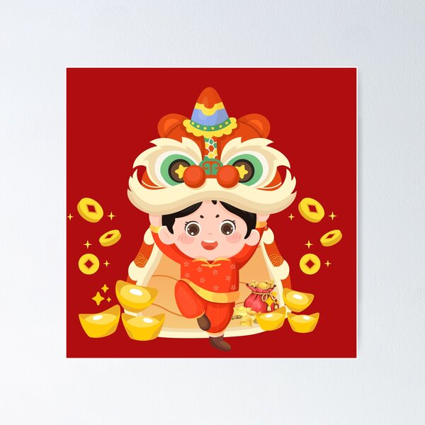 Item preview, Dancing Dragon for Good Fortune with Gold Coins and Adorable Kid Leading the Dragon Dance for a Prosperous and Lucky Lunar New Year 2024 designed and sold by SEVENPRINTS.