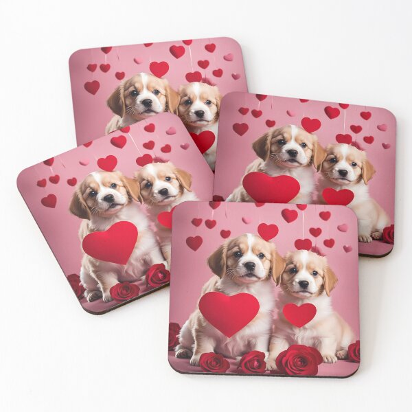 Item preview, puppies celebrating Valentines day, randome floating love hearts designed and sold by Colin Bentham.
