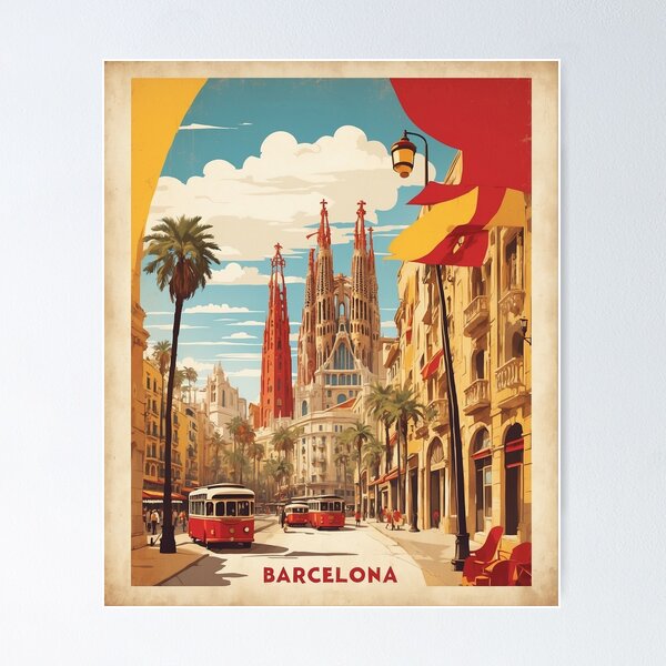 Item preview, Barcelona Spain Tourism Vintage Poster designed and sold by TravelersGems.