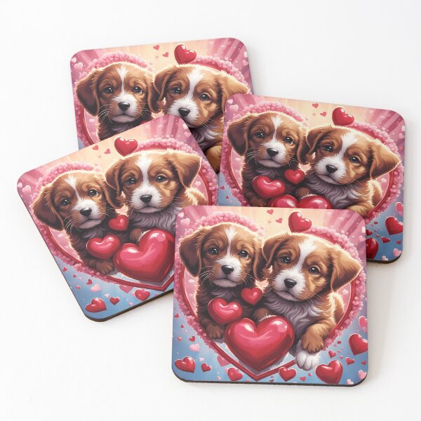Item preview, puppies celebrating Valentines day, randome floating love hearts designed and sold by Colin Bentham.