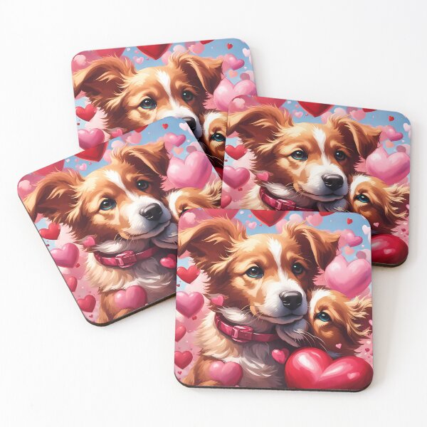Item preview, puppies celebrating Valentines day, randome floating love hearts designed and sold by Colin Bentham.