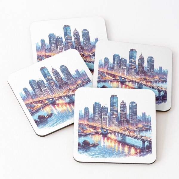 Item preview,  "Sketching the Brilliant Night View of Mapo Bridge, the Sparkling Lights Reflecting on the River, and the Radiant Glow from High-Rise Buildings Along the Riverside" designed and sold by PaintMeWorld.