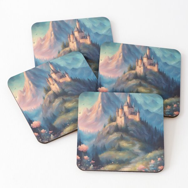 Item preview, Fairytale castle Enchanted mountain landscape - oil painting medieval castle magical forest designed and sold by Fantasy Cache.