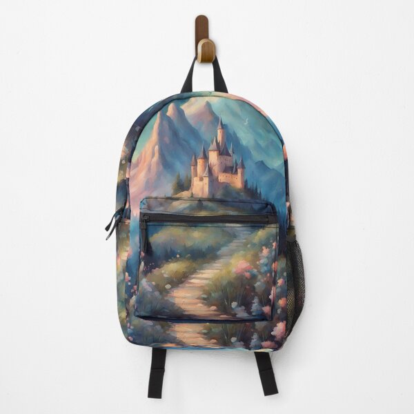 Item preview, Fairytale castle Enchanted mountain landscape - oil painting medieval castle magical forest designed and sold by Fantasy Cache.