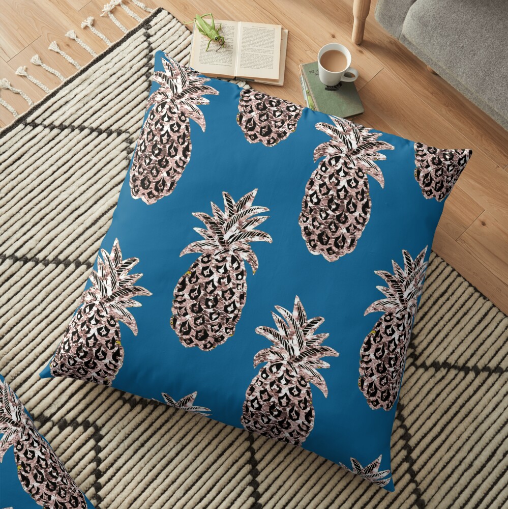 Rose Gold sparkle Pineapples on Teal Floor Pillow