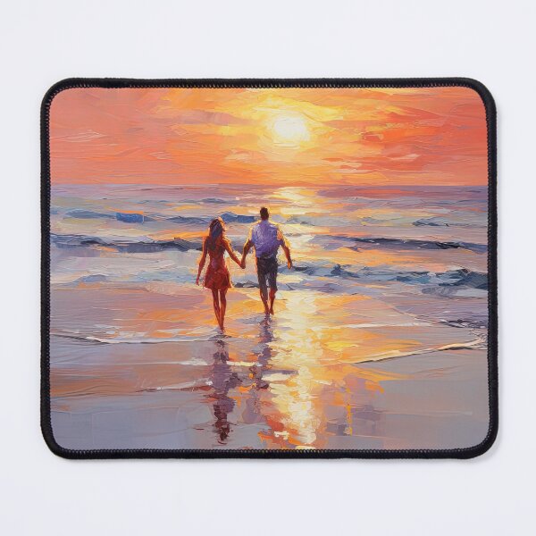 Item preview, Lovers walking by the beach at sunset - Acrylic landscape painting designed and sold by TheArtistOf2022.