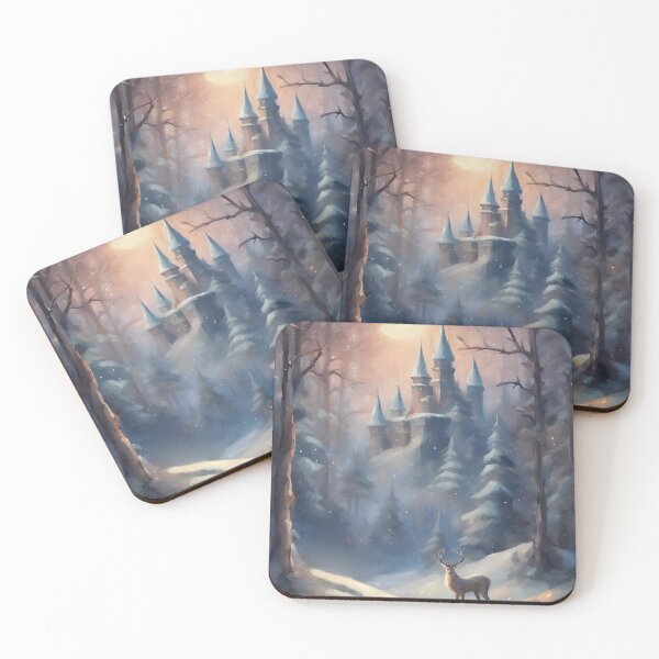 Item preview, Fairytale castle Enchanted snowy nordic mountain landscape at night - oil painting medieval castle designed and sold by Fantasy Cache.