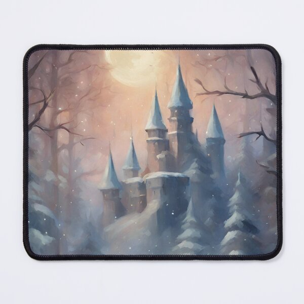 Item preview, Fairytale castle Enchanted snowy nordic mountain landscape at night - oil painting medieval castle designed and sold by Fantasy Cache.