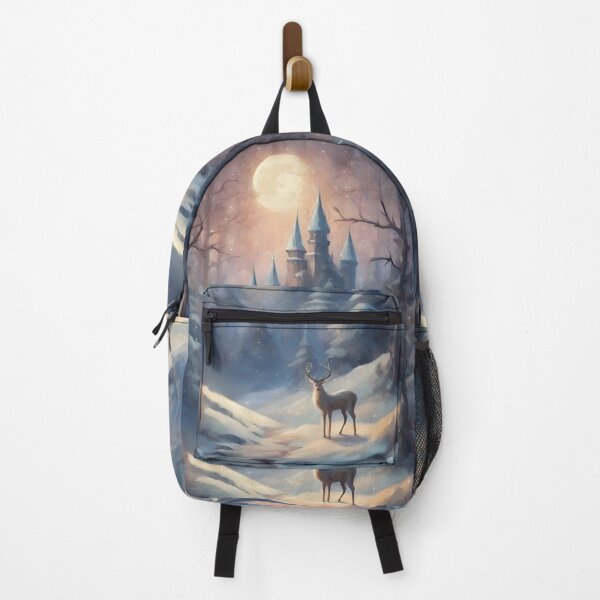 Item preview, Fairytale castle Enchanted snowy nordic mountain landscape at night - oil painting medieval castle designed and sold by Fantasy Cache.