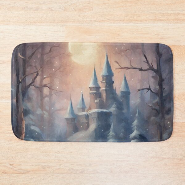 Item preview, Fairytale castle Enchanted snowy nordic mountain landscape at night - oil painting medieval castle designed and sold by Fantasy Cache.