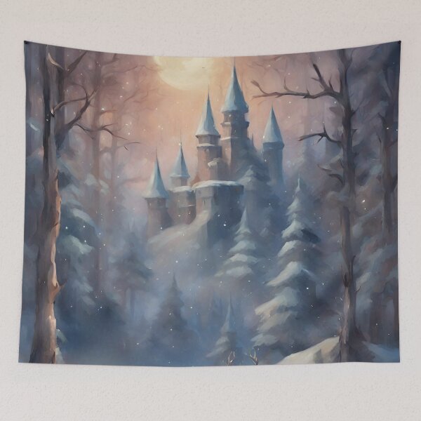 Item preview, Fairytale castle Enchanted snowy nordic mountain landscape at night - oil painting medieval castle designed and sold by Fantasy Cache.