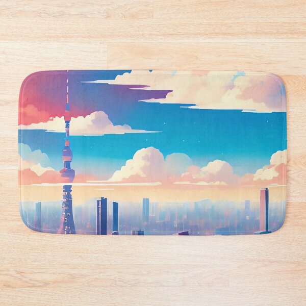 Item preview, Colourful cityscape, red sky, clouds, tower, trees. designed and sold by ArtComixHaven.