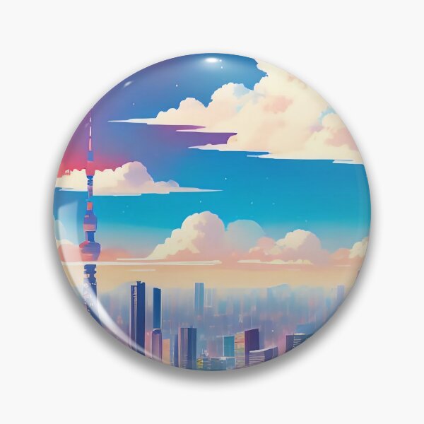 Item preview, Colourful cityscape, red sky, clouds, tower, trees. designed and sold by ArtComixHaven.