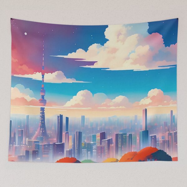 Item preview, Colourful cityscape, red sky, clouds, tower, trees. designed and sold by ArtComixHaven.