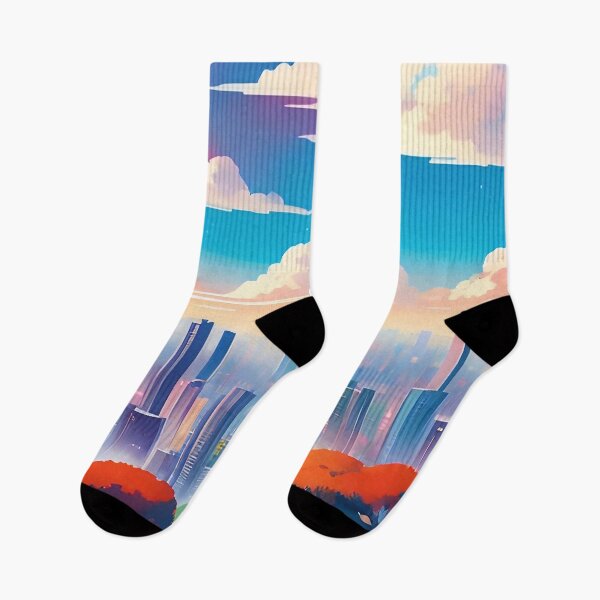 Item preview, Colourful cityscape, red sky, clouds, tower, trees. designed and sold by ArtComixHaven.