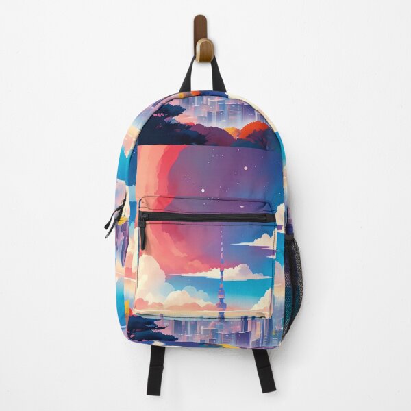 Item preview, Colourful cityscape, red sky, clouds, tower, trees. designed and sold by ArtComixHaven.