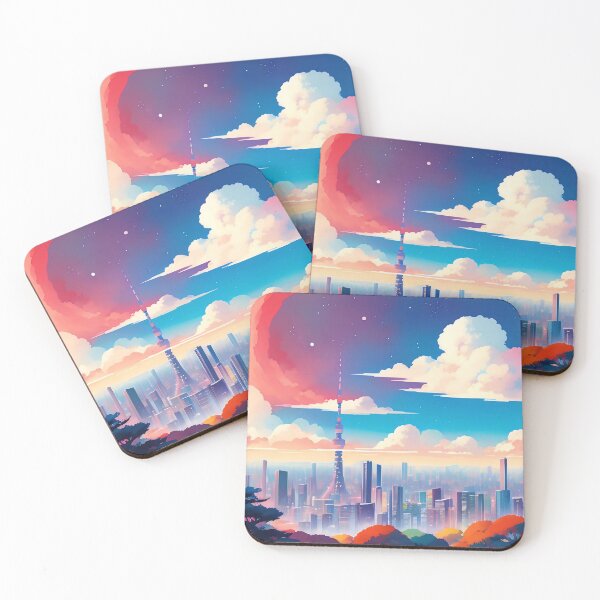 Item preview, Colourful cityscape, red sky, clouds, tower, trees. designed and sold by ArtComixHaven.