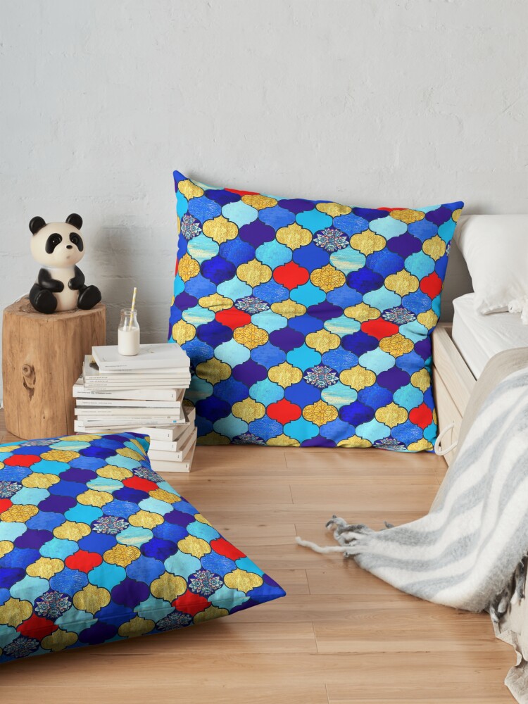 Alternate view of moroccan tiles , red, aqua, blue and gold moroccan tiled design by Magenta Rose Designs Floor Pillow