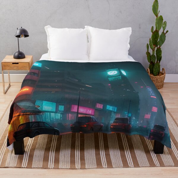 Item preview, Neon-lit cityscape, clock tower, cars, pedestrians, misty ambiance. designed and sold by ArtComixHaven.