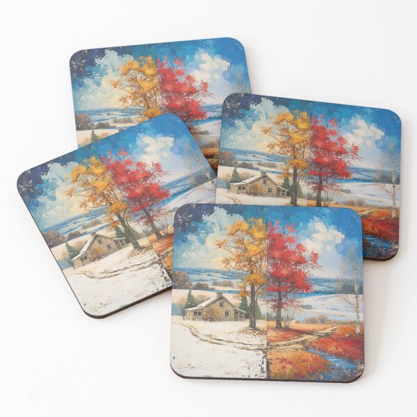 Item preview, Autumn and Winter trees and flowers with house - Acrylic landscape painting designed and sold by TheArtistOf2022.