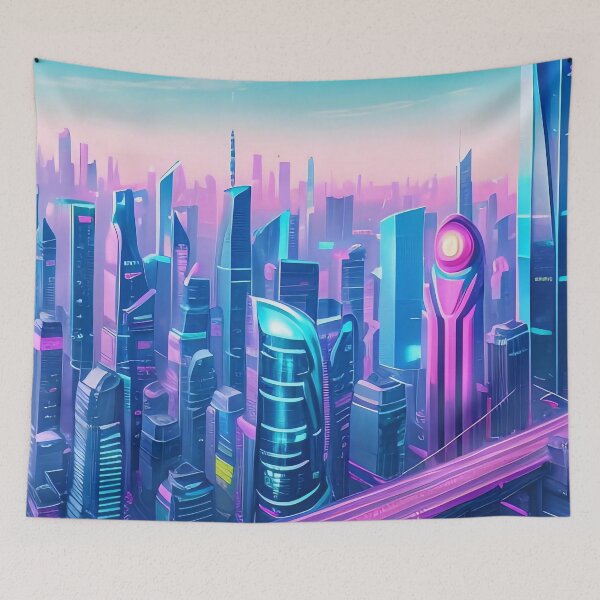 Item preview, Futuristic cityscape, vibrant colours, advanced architecture, skyline view. designed and sold by ArtComixHaven.