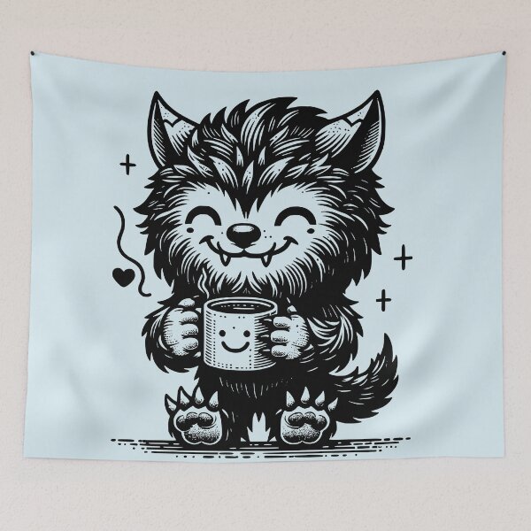 Item preview, Caffeinated Pup - werewolf drinking coffee designed and sold by PragmaticP.