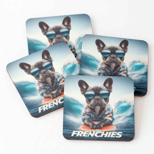 Item preview, Black Gray French bulldog wearing tropical shirt over surfing board designed and sold by Tio-Tecun.