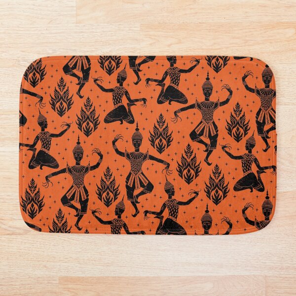 Item preview, Illustration of Traditional Thai Dancers in black, in a block print style on a burnt orange background designed and sold by Brenda Gray.